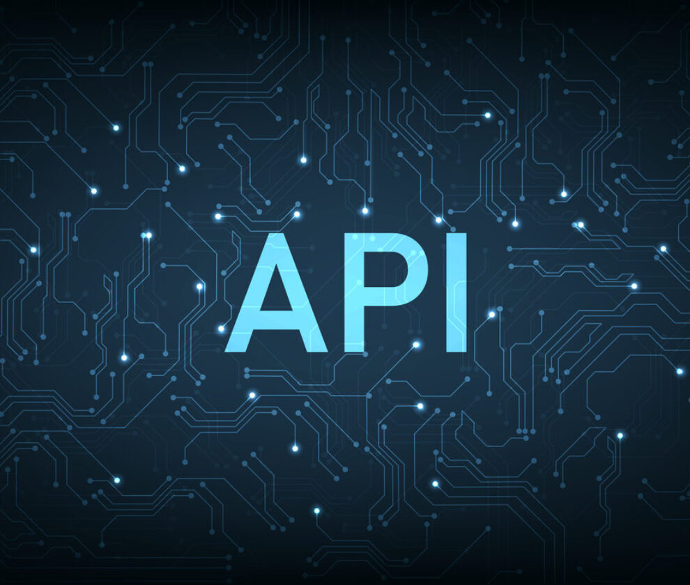 (API) Application Programming Interface on blue background.
